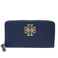 【TORY BURCH】BRITTEN 金屬LOGO 荔枝紋全皮革拉鍊長夾(深藍)