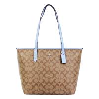 COACH 經典C LOGO 緹花防刮托特包 (卡其淺粉藍)