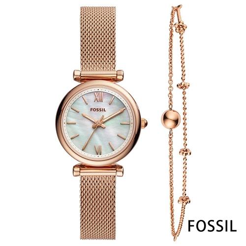 FOSSIL 氣質綻放玫金米蘭帶女錶手環套組(ES4443SET)-白貝面x28mm 