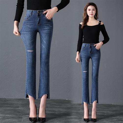 【WHATDAY】九分喇叭破洞不規則高腰牛仔褲26-32(共兩色)