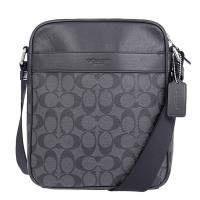 COACH 男款 壓紋LOGO防刮皮革拉鍊斜背包-灰黑色