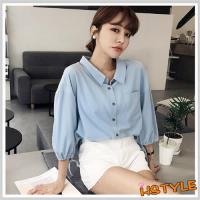 襯衫 翻領素面綁帶七分袖襯衫NG9852-創翊韓都