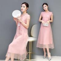 【REKO】復古氣質中式印花洋裝S-2XL(共兩色)