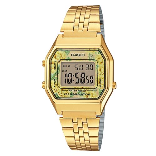 【CASIO 卡西歐】方格春之花卉金色電子錶-花團錦簇(LA-680WGA-9C)