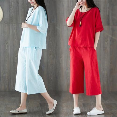 【REKO】棉麻寬鬆休閒套裝M-2XL(共三色)
