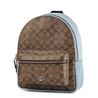 COACH 緹花LOGO防刮皮革後背包-蒼白藍/中