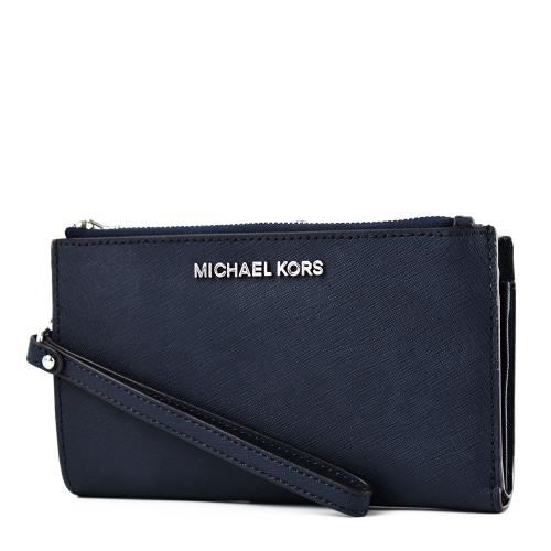 MICHAEL KORS 專櫃款 防刮皮革對折釦式手掛手拿/手機包-海軍藍