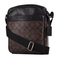 COACH 男款 緹花LOGO鐵灰金屬防刮皮革斜背包-咖啡色