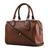 COACH 素面防刮皮革手提/斜背二用波士頓包-焦糖色