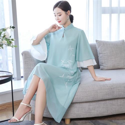 【REKO】素雅清風雅竹刺繡寬袖改良旗袍S-2XL(共五色)