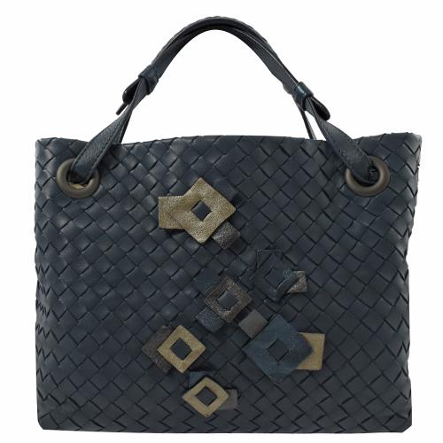 BOTTEGA VENETA 481798 萬花筒拼布手工編織雙把手提包.金屬藍 小