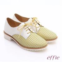 effie 都會休閒 經典牛皮拼色綁帶牛津平底鞋 正黃