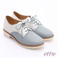 effie 都會休閒 經典牛皮拼色綁帶牛津平底鞋 淺藍