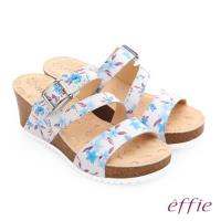 effie 嬉皮假期 真皮彩色繽紛印花厚底涼拖鞋- 淺藍