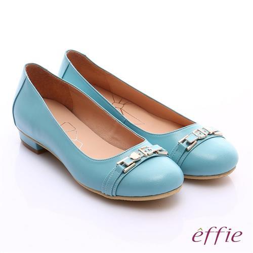 effie 繽紛舒適 全真皮金屬條帶低跟鞋- 淺藍
