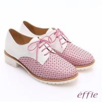 effie 都會休閒 經典牛皮拼色綁帶牛津平底鞋 粉紅