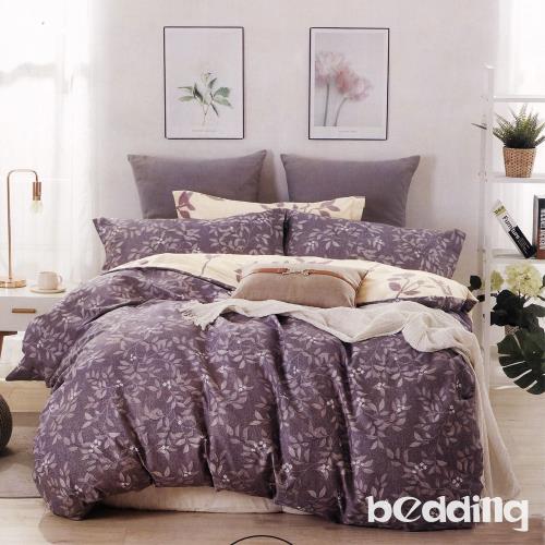 BEDDING-100%棉6尺加大雙人薄式床包涼被四件組-花開思葉-咖