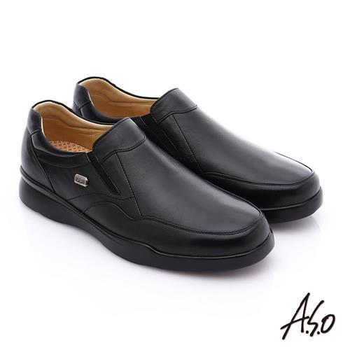 A.S.O 厚切氣墊 真皮直套式鬆緊帶奈米皮鞋- 黑