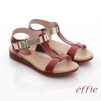 effie 輕量樂活 金箔真皮厚軟墊T字涼鞋- 磚紅