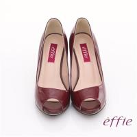 effie 都會風情 全真皮素面金色飾帶魚口高跟鞋 酒紅