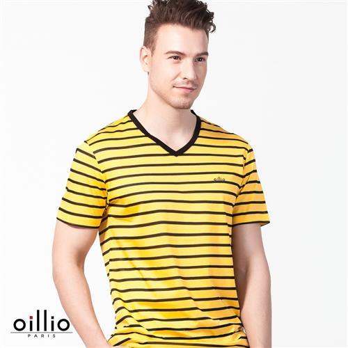 oillio歐洲貴族 涼感透氣天絲棉T恤 短袖V領條紋 黃色