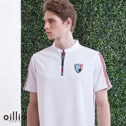 oillio 歐洲貴族 短袖小立領T恤 加大尺碼 袖子條紋 涼感超柔不皺 白色 
