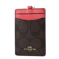 COACH 緹花LOGO防刮皮革識別證掛帶票卡夾-莓紅色