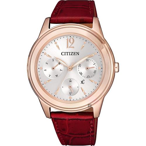 CITIZEN 星辰 xC 亞洲限定光動能日曆女錶-玫瑰金框x紅/36.5mm FD2062-03A