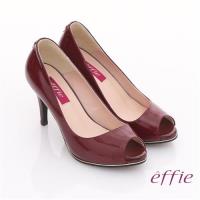 effie 都會風情 全真皮素面金色飾帶魚口高跟鞋 酒紅