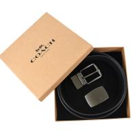 COACH 男款 緹花LOGO鐵灰雙釦頭雙面用寬版皮帶禮盒組-棕色/黑色
