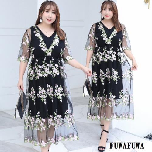 FUWAFUWA- - 加大尺碼網紗刺繡短袖洋裝