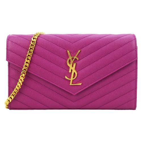 YSL MONOGRAM系列V字縫線魚子醬牛皮金屬LOGO金鍊斜肩/手拿包(葡萄紫)