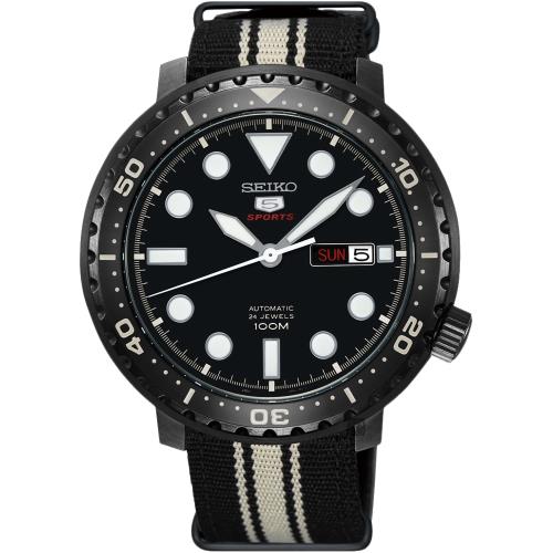 SEIKO 精工5號系列 復刻運動機械錶-黑x帆布帶/44mm 4R36-06N0X(SRPC67J1)