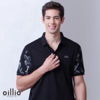 oillio歐洲貴族 男裝 吸濕排汗透氣 短袖POLO衫 特色雙袖印花 黑色-男款 不悶熱 高級全棉 休閒精品服飾 抗過敏