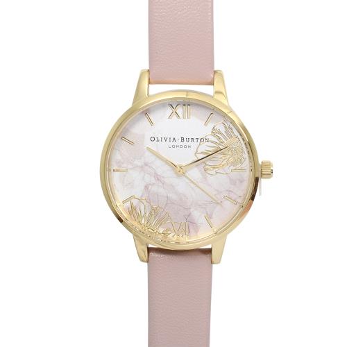 Olivia Burton 英倫復古手錶 抽象花卉浮雕 玫瑰粉色真皮錶帶金框30mm OB16VM31