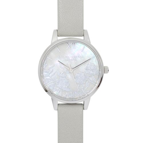 Olivia Burton 英倫復古手錶 法式蕾絲 珍珠母貝錶盤 灰色真皮錶帶銀框30mm OB16MV93