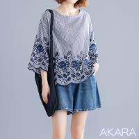 AKARA 工藝繡花蕾絲條紋寬袖上衣
