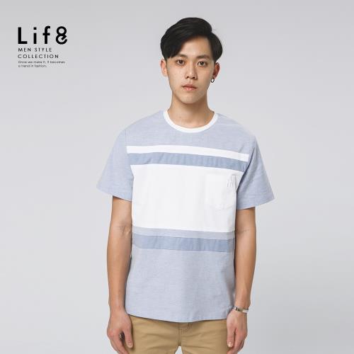 Life8-Casual 微彈拼接薄混棉麻 圓領T - 10215