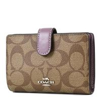 COACH 緹花LOGO防刮皮革釦式中夾-茉莉紫