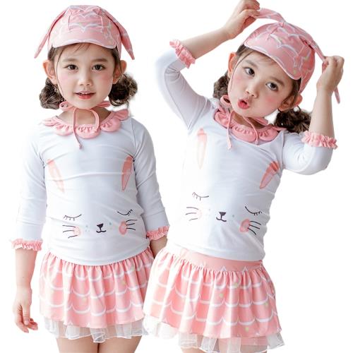 兒童泳裝 兒童泳衣小白兔公主裙式防曬三件套組
