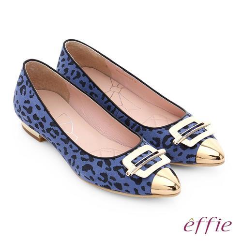 effie 軟芯系列 絨面真皮豹紋尖楦平底鞋 藍