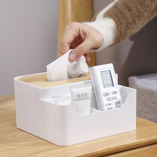 KM生活 日式簡約多功能木蓋紙巾盒/桌面收納盒