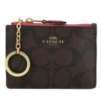 COACH LOGO緹花PVC鑰匙零錢夾(深咖草莓粉)