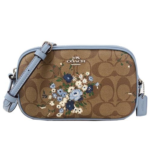 COACH 經典馬車C LOGO花朵雙層斜背包(卡其藍)