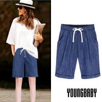 【YOUNGBABY中大碼】鬆緊腰綁帶前打折大口袋牛仔五分褲.黑/深藍