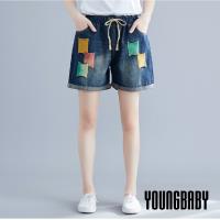 【YOUNGBABY中大碼】鬆緊腰綁帶紅黃綠拼布牛仔短褲