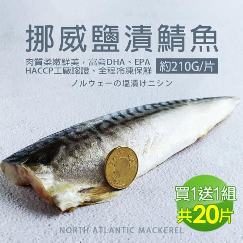 築地一番鮮-買10送10-厚片超大油質豐厚挪威薄鹽鯖魚10片免運組(210g片，共20片)