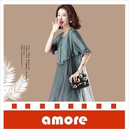 amore 寬鬆小清新短袖網紗氣質洋裝