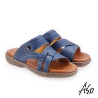 A.S.O 輕量樂活 蠟感牛皮都會休閒涼拖鞋 藍