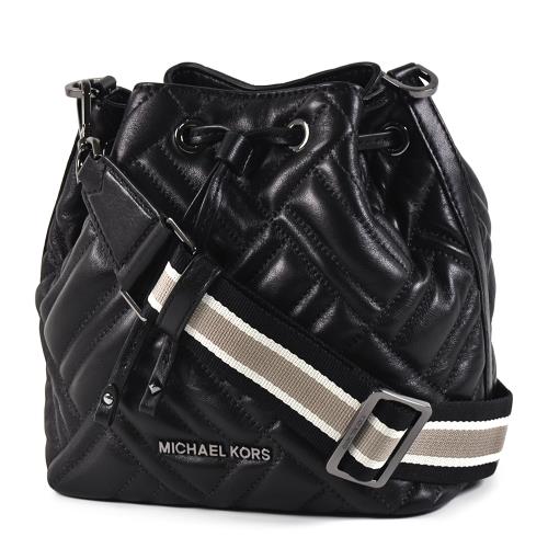 MICHAEL KORS 黑字衍縫格紋小羊皮寬背帶水桶包-黑色/小